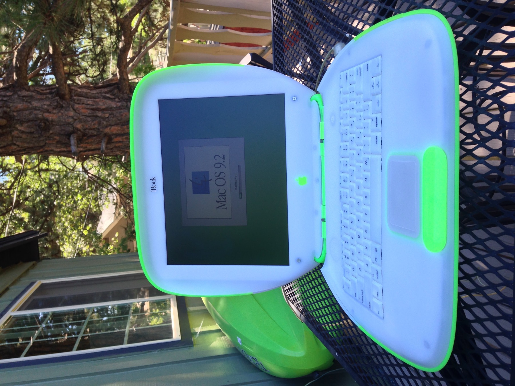My Key Lime iBook booting Mac OS 9.2 on a balcony in Running Springs, California, in 2013